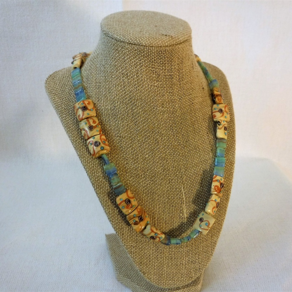 Handmade Necklace in Ceramic and Glass Beads 20"